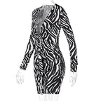Zebra Print Long Sleeve V-Neck Bandage Sexy Mini Dress Streetwear Outfits Party Wear nowadaysfashion