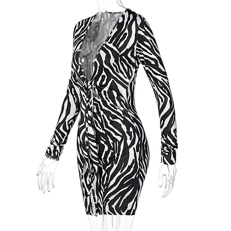 Zebra Print Long Sleeve V-Neck Bandage Sexy Mini Dress Streetwear Outfits Party Wear - Blade & Thread