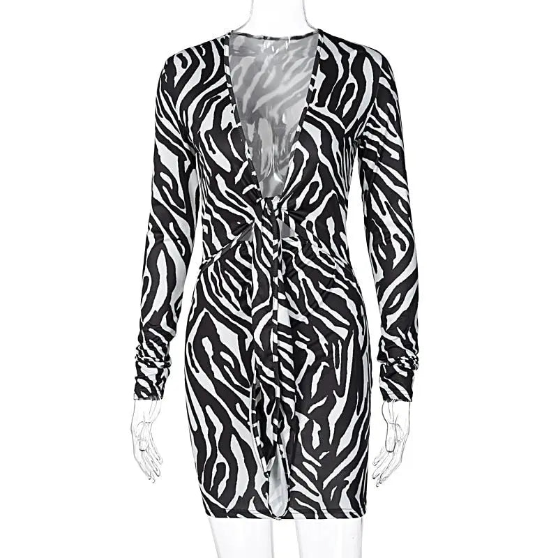 Zebra Print Long Sleeve V-Neck Bandage Sexy Mini Dress Streetwear Outfits Party Wear - Blade & Thread