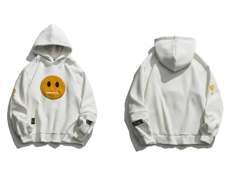 Zipper Pocket Smile Face Patchwork Fleece Hoodies Sweatshirts Streetwear - Blade & Thread