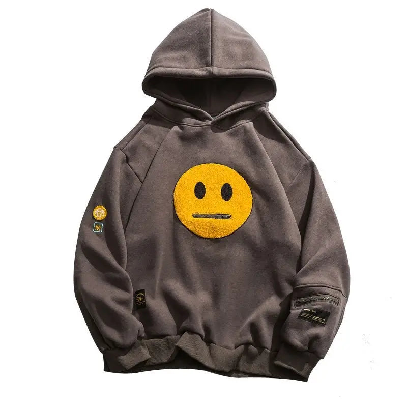 Zipper Pocket Smile Face Patchwork Fleece Hoodies Sweatshirts Streetwear - Blade & Thread