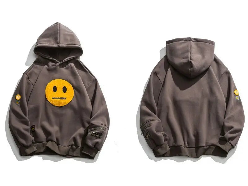 Zipper Pocket Smile Face Patchwork Fleece Hoodies Sweatshirts Streetwear - Blade & Thread