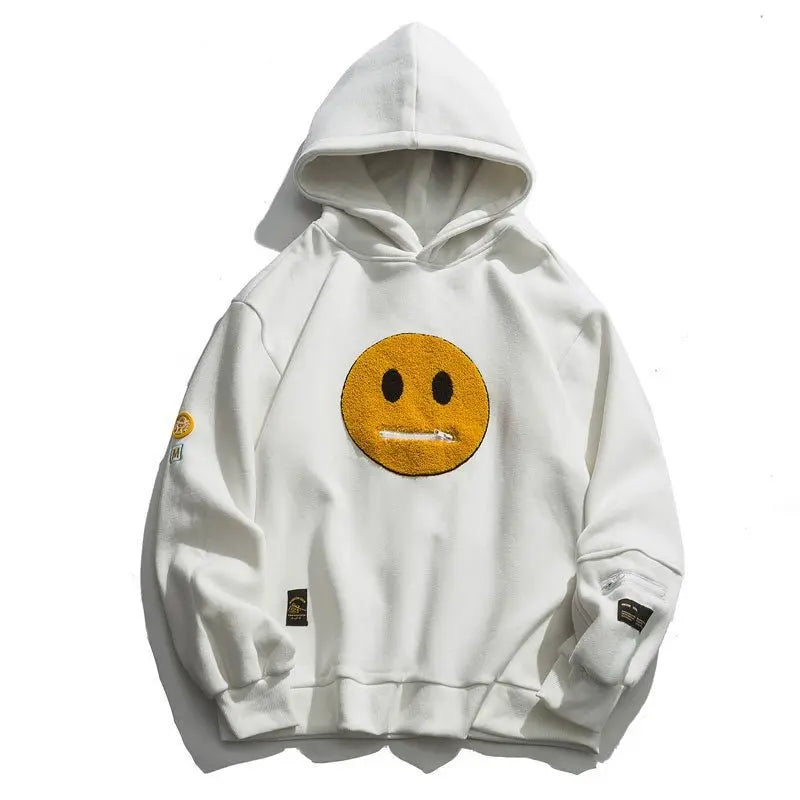 Zipper Pocket Smile Face Patchwork Fleece Hoodies Sweatshirts Streetwear - Blade & Thread