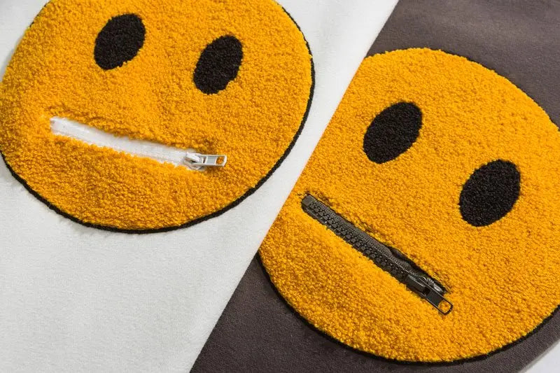 Zipper Pocket Smile Face Patchwork Fleece Hoodies Sweatshirts Streetwear - Blade & Thread