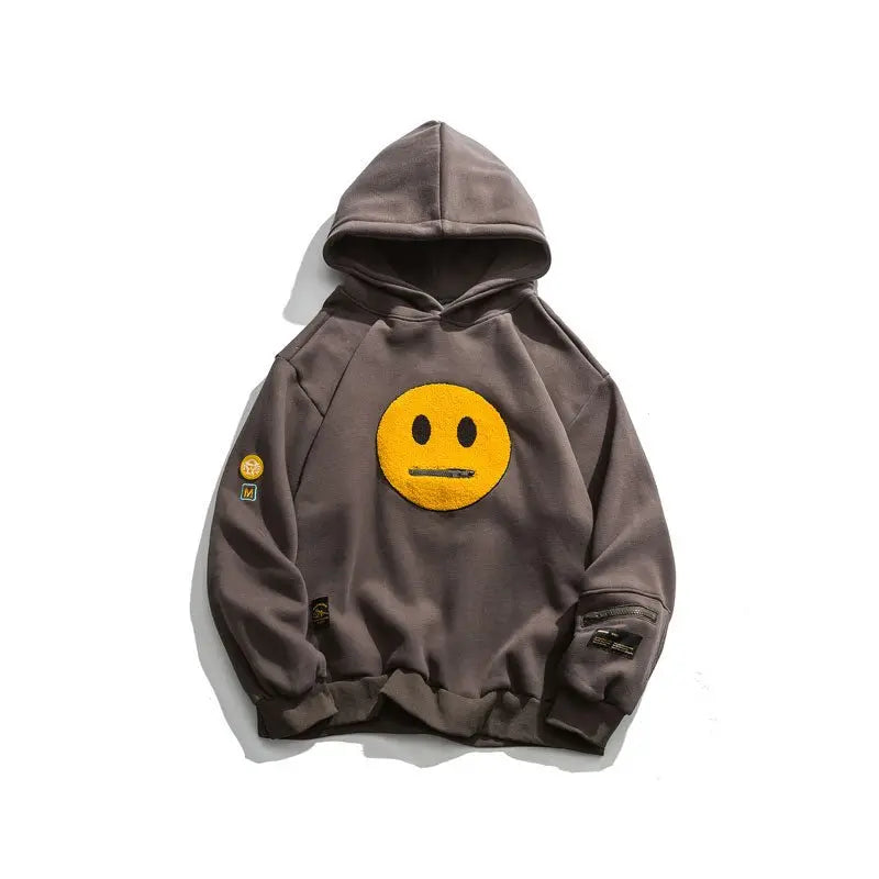 Zipper Pocket Smile Face Patchwork Fleece Hoodies Sweatshirts Streetwear - Blade & Thread