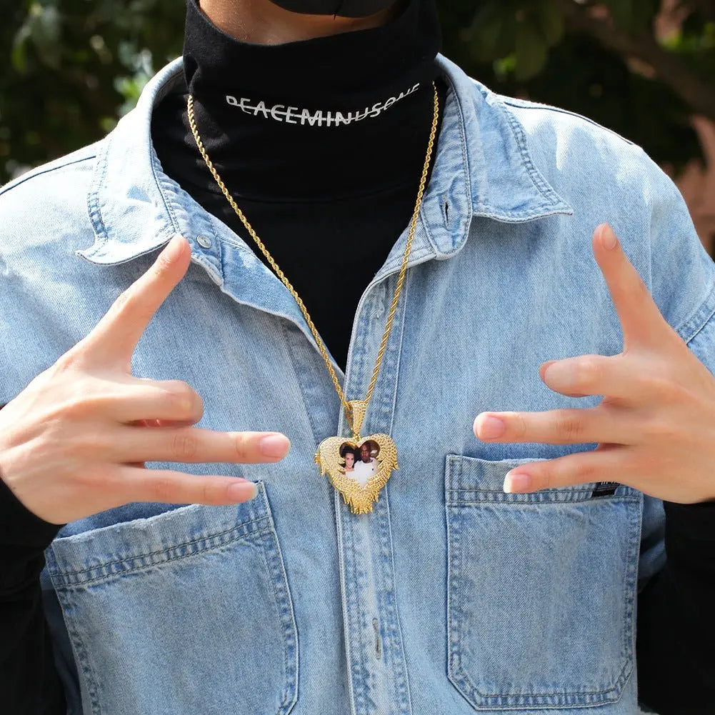Zircon Heart Pendant DIY Flip Top Inlaid Zircon Photo Hip Hop Pendant - Blade & Thread
