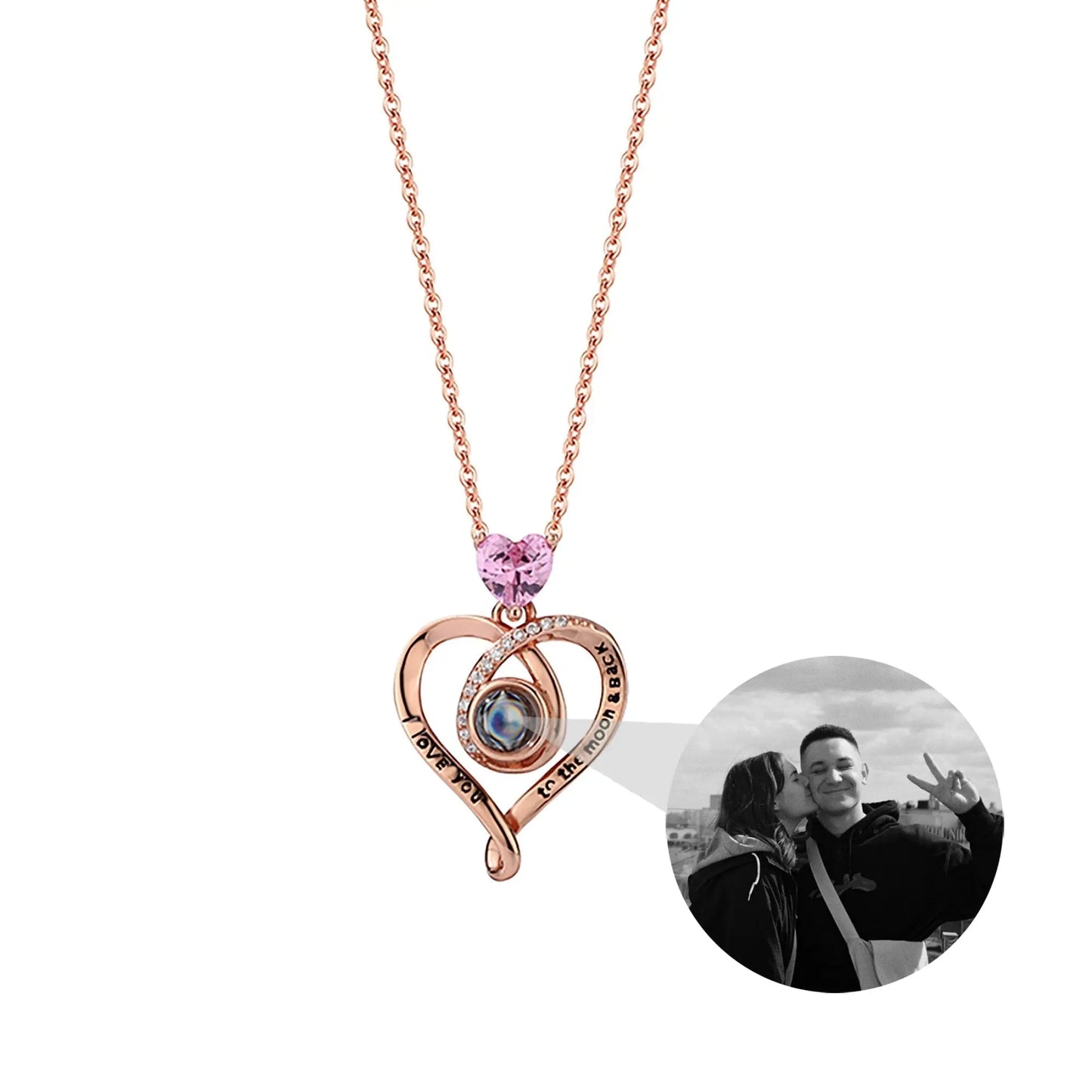 Zircon heart-shaped projection necklace with customizable photos Personalized Pendant - Blade & Thread