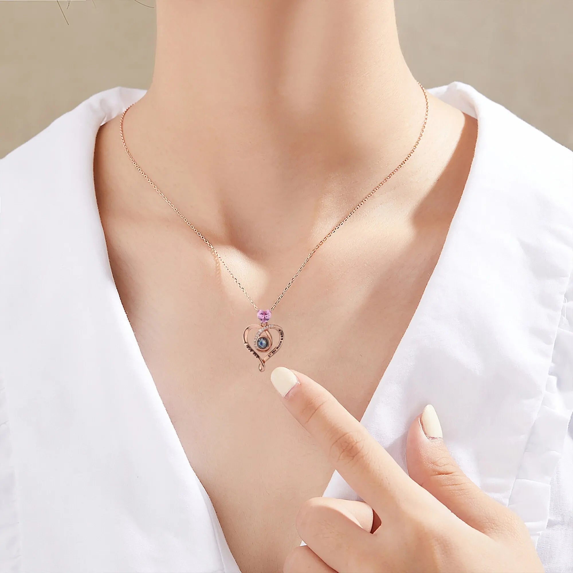 Zircon heart-shaped projection necklace with customizable photos Personalized Pendant nowadaysfashion