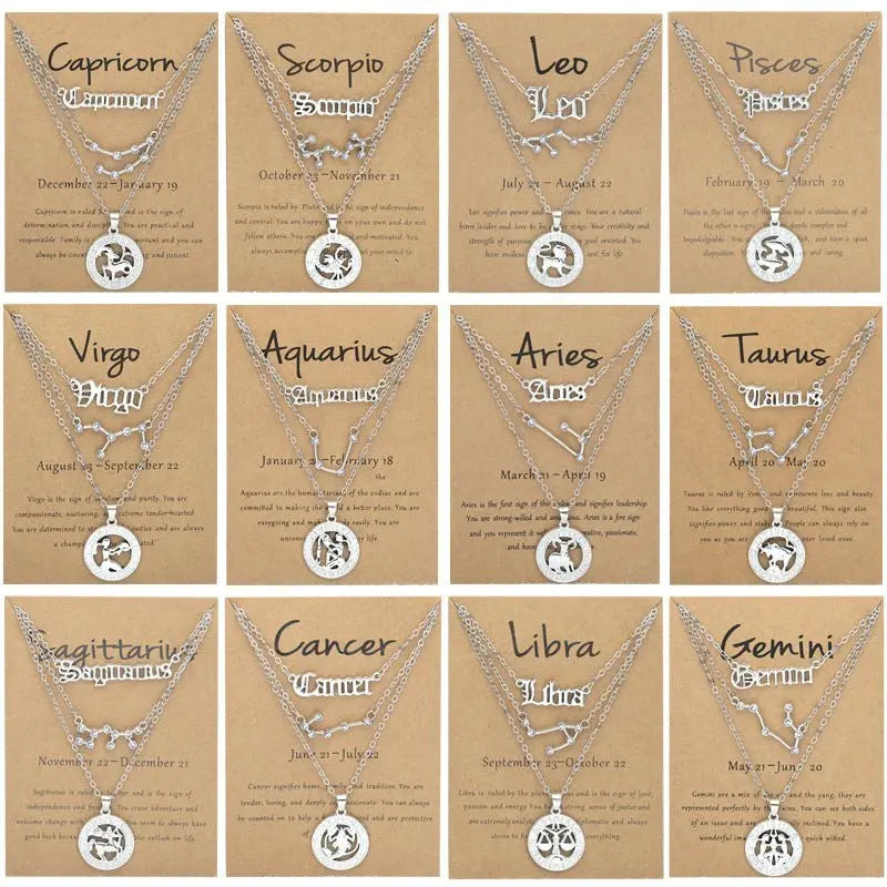 Zodiac Necklace Vintage English Star Image Pendant Three Piece Jewelry Set - Blade & Thread